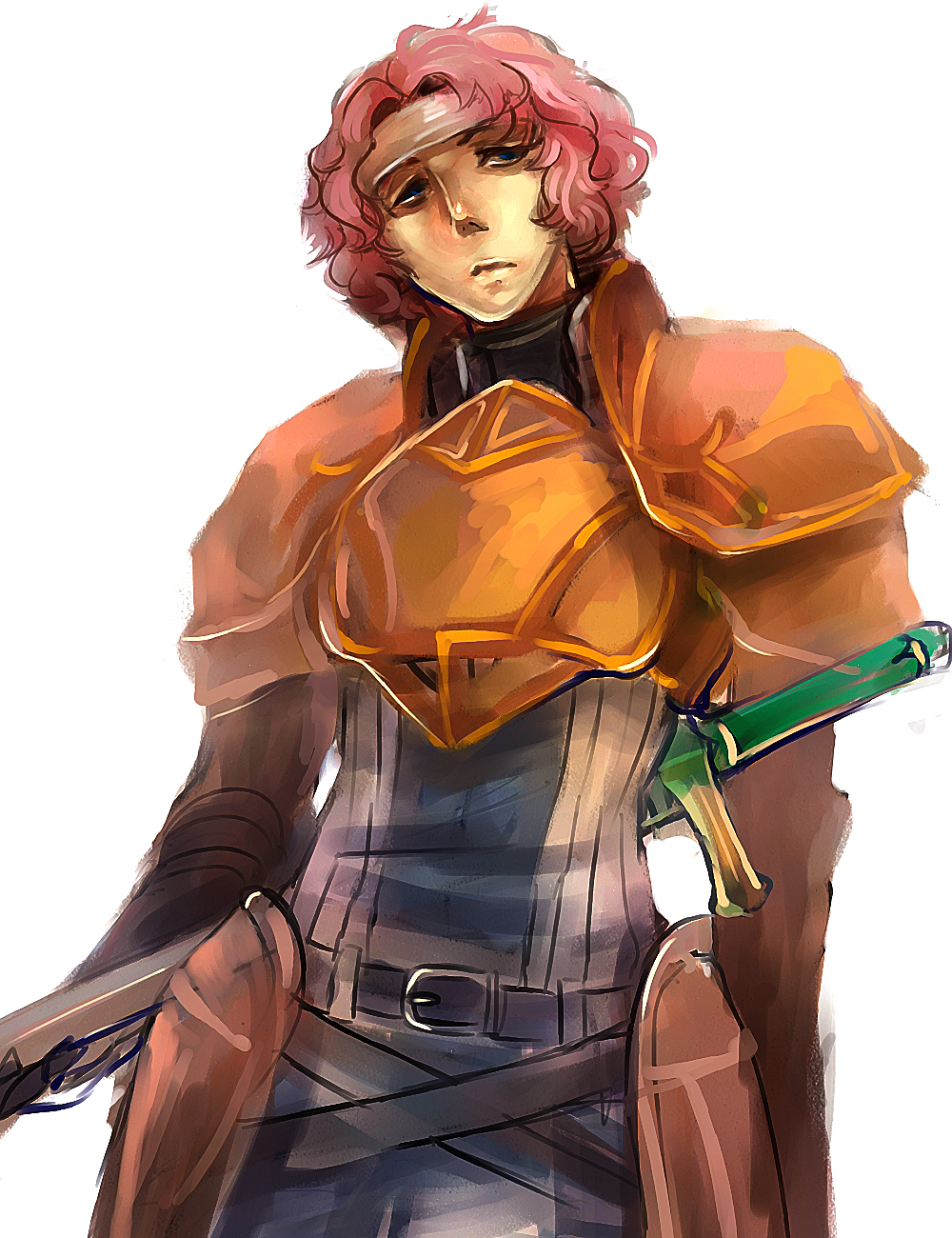 1boy armor belt blue_eyes breastplate curly_hair faulds fire_emblem fire_emblem:_radiant_dawn headband highres makalov_(fire_emblem) male_focus nintendo oaktree1842 pauldrons pink_hair short_hair shoulder_armor simple_background solo sword weapon