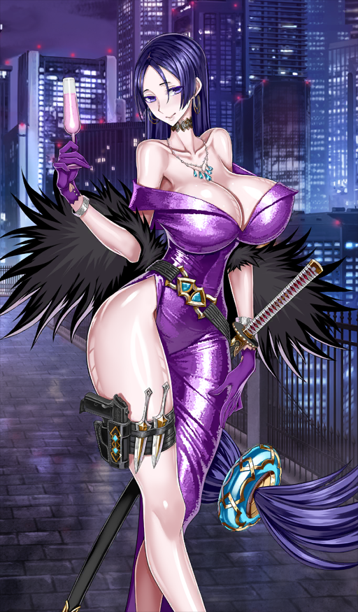 1girl bare_shoulders bracelet breasts choker cleavage collarbone cup dagger dress drinking_glass earrings fate/grand_order fate_(series) fur_trim gloves gun honjou_raita hoop_earrings huge_breasts jewelry knife long_hair looking_at_viewer low-tied_long_hair minamoto_no_raikou_(exhibition_attire)_(fate) minamoto_no_raikou_(fate) necklace no_bra off-shoulder_dress off_shoulder official_alternate_costume official_art purple_dress purple_eyes purple_gloves purple_hair side_slit sidelocks sword thigh_strap thighs very_long_hair weapon wide_hips