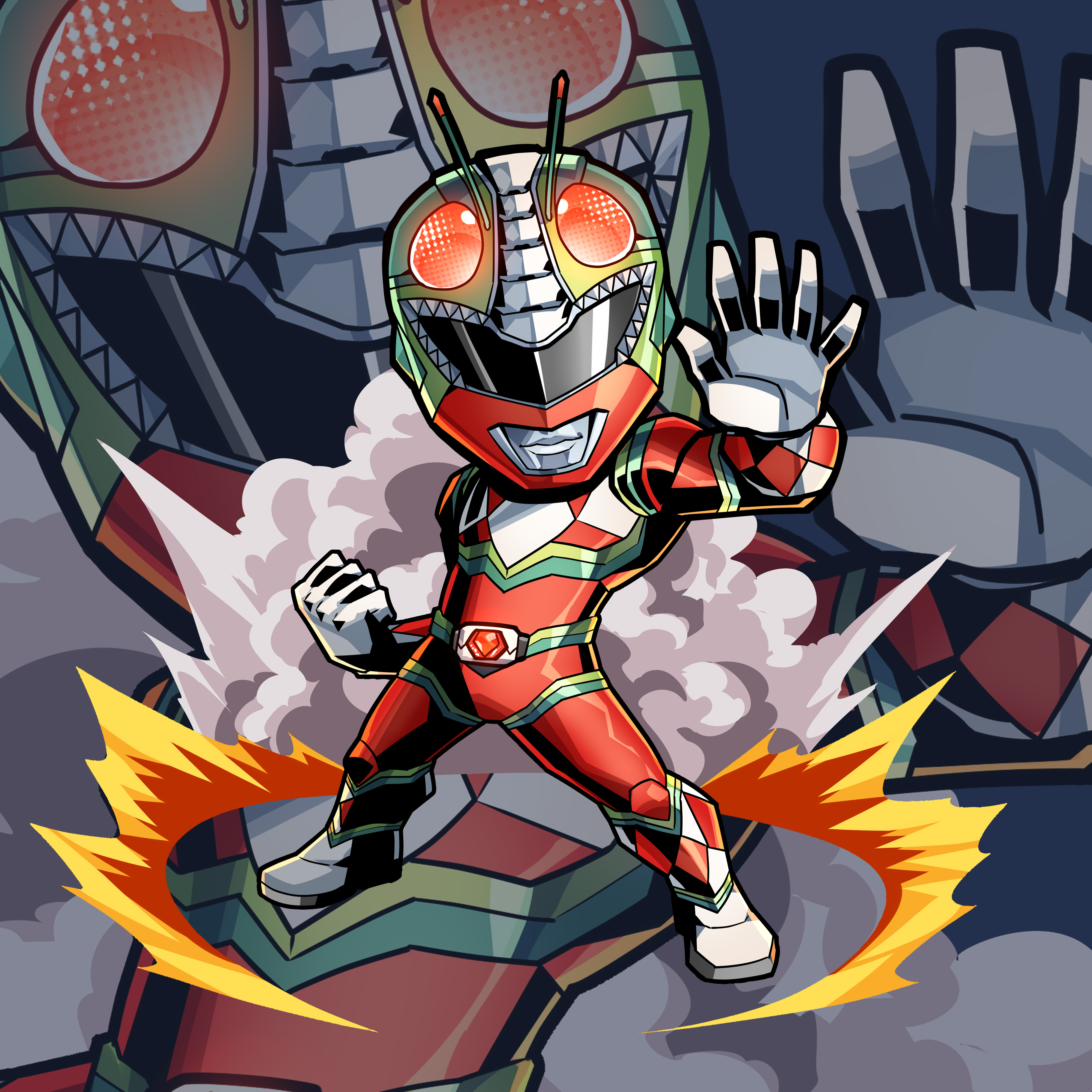 1boy absurdres ashmish belt bodysuit boots chibi clenched_hand commentary commission dino_buckler english_commentary full_body fusion gloves green_helmet hand_up helmet highres kamen_rider kamen_rider_j kamen_rider_j_(movie) kyouryuu_sentai_zyuranger looking_at_viewer male_focus multicolored_helmet red_bodysuit red_helmet smoke standing super_sentai tokusatsu tyranno_ranger white_boots white_gloves zoom_layer