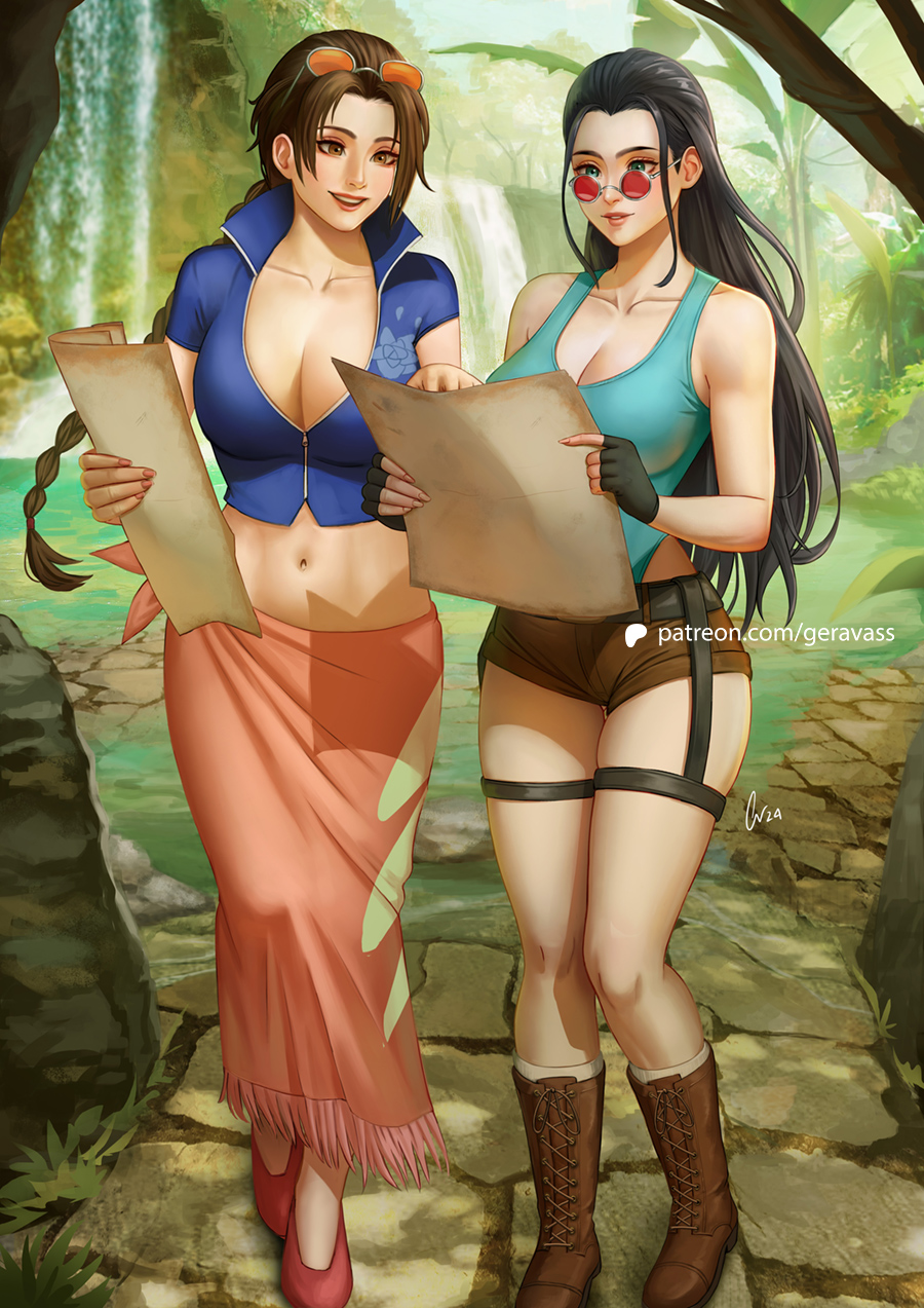 2girls breasts cleavage clothing_request collarbone cosplay costume_switch cropped_jacket crossover day eyewear_on_head female_focus geravass high_heels highres jacket lara_croft lara_croft_(cosplay) large_breasts legs_together leotard long_hair midriff multiple_girls navel nico_robin nico_robin_(cosplay) nico_robin_(post-timeskip) nico_robin_(return_to_sabaody) one_piece outdoors patreon_logo patreon_username sarong short-sleeved_jacket short_sleeves standing sunglasses tomb_raider toned water waterfall