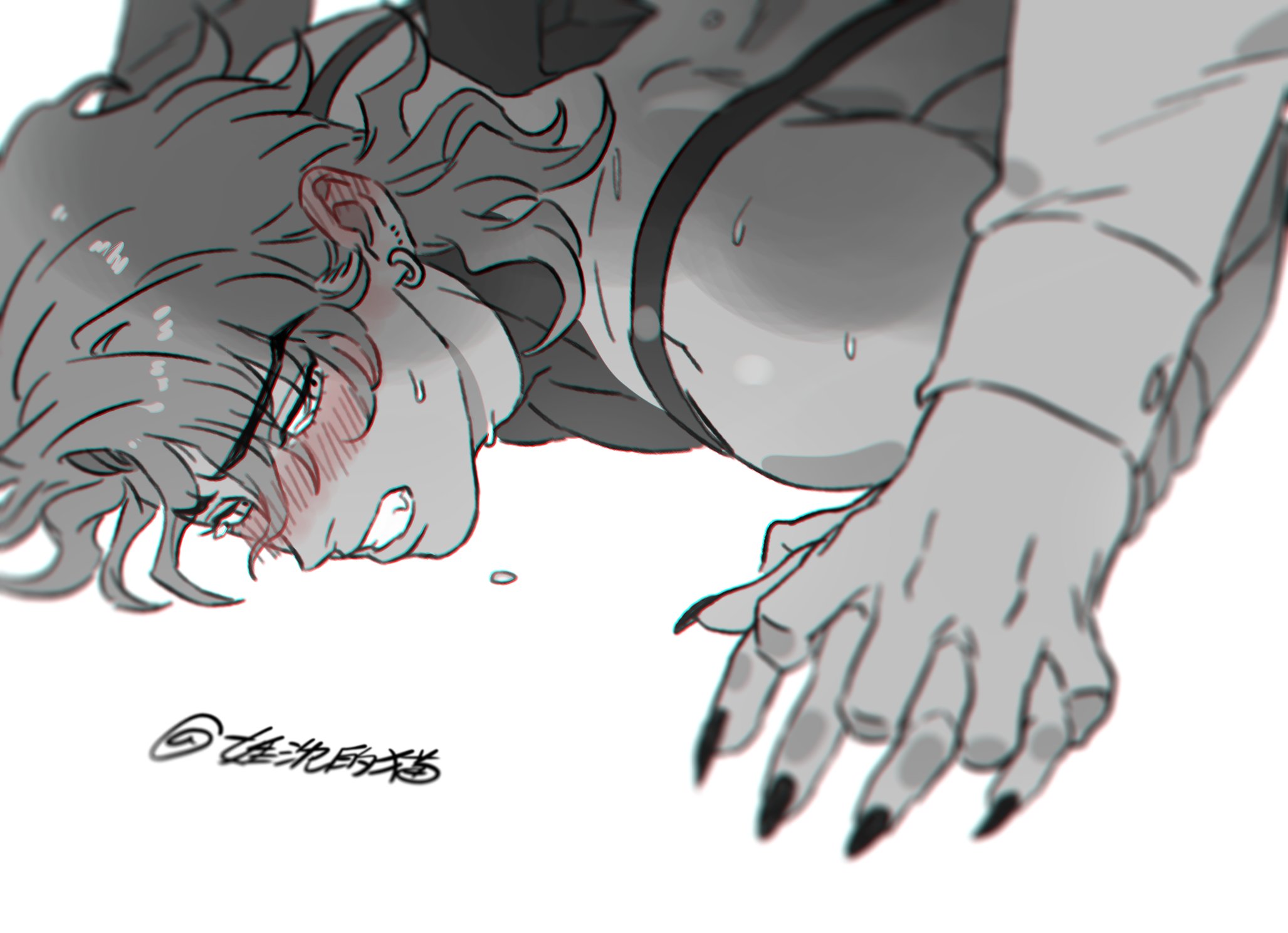 2boys blush clothed_sex dio_brando earrings fangs fingernails full-face_blush highres holding_hands honlo implied_anal implied_sex interlocked_fingers jewelry jojo_no_kimyou_na_bouken jonathan_joestar long_hair long_sleeves male_focus multiple_boys prone_bone sex_from_behind sharp_fingernails shirt sweatdrop teeth yaoi