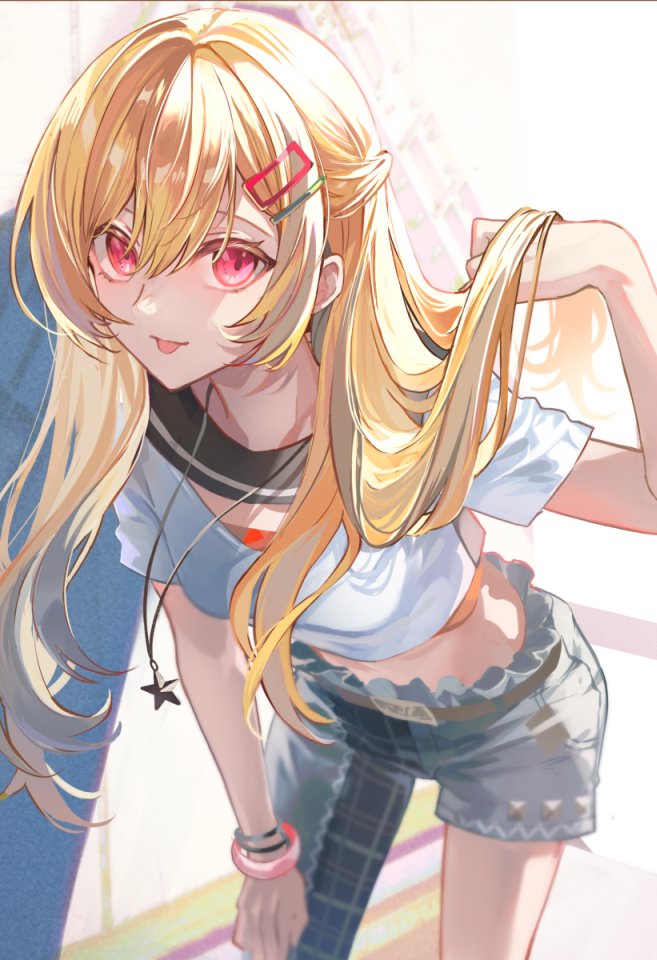1girl :p alternate_costume alternate_hairstyle belt blonde_hair bracelet commentary_request denim hair_between_eyes hair_ornament hairclip jeans jewelry leaning_forward long_hair looking_at_viewer midriff necklace pants pink_eyes poppoman project_sekai red_eyes sailor_collar shirt short_sleeves solo tenma_saki tongue tongue_out white_shirt