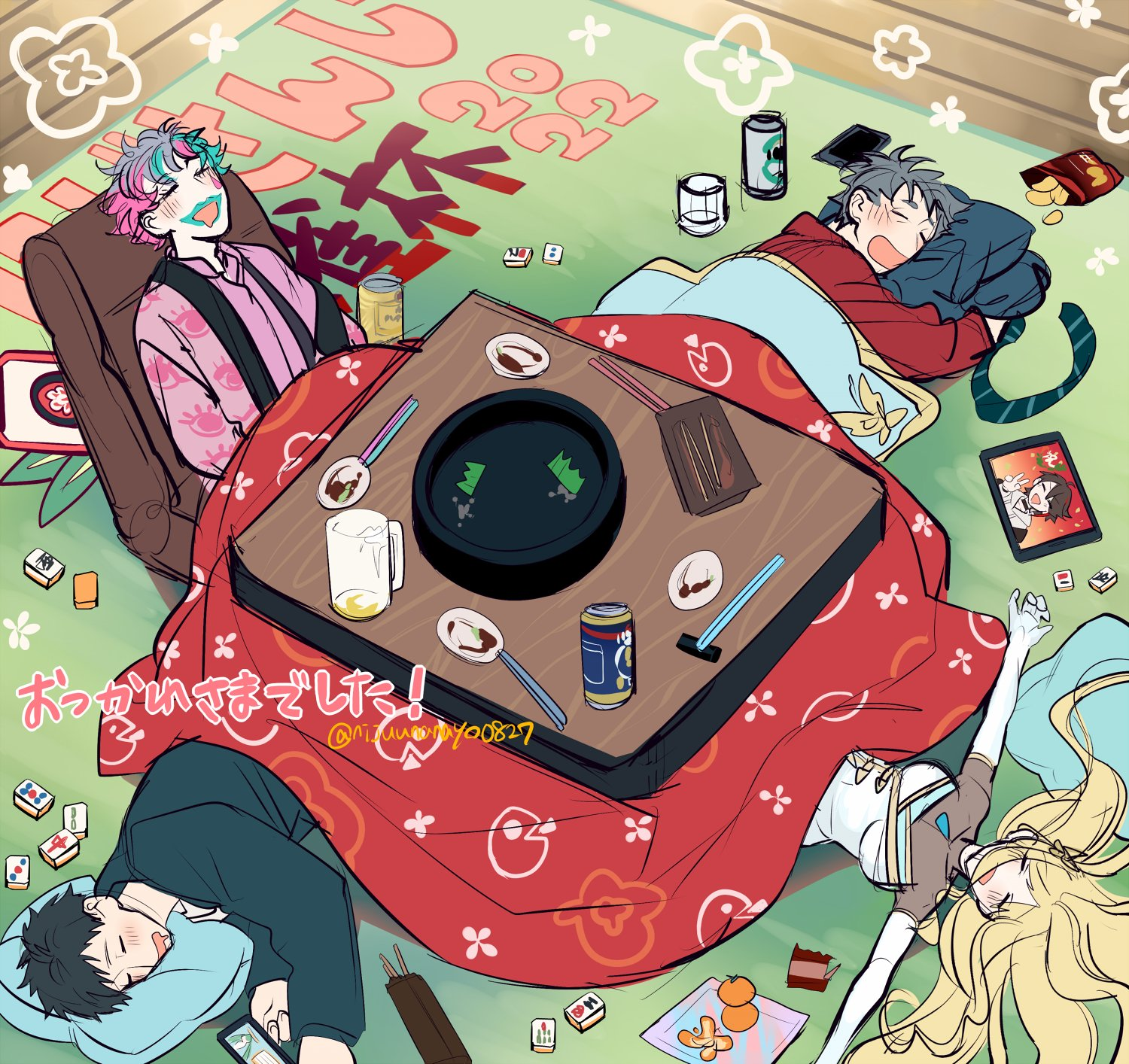 1girl 3boys :d bag_of_chips beer_mug black_hair blonde_hair blush_stickers breasts can character_request chips_(food) chopsticks closed_eyes collared_shirt cup dress dress_shirt drooling elbow_gloves food fruit gloves green_hair green_lips grey_hair highres indoors joe_rikiichi kotatsu lying mahjong mahjong_tile maimoto_keisuke mandarin_orange medium_breasts mouth_drool mug multicolored_hair multiple_boys nijisanji ninahachi on_side open_mouth outstretched_arms pink_hair pink_shirt potato_chips saegusa_akina shirt slice_of_life smile spread_arms table two-tone_hair under_kotatsu under_table virtual_youtuber white_dress white_gloves wooden_floor yashiro_kizuku