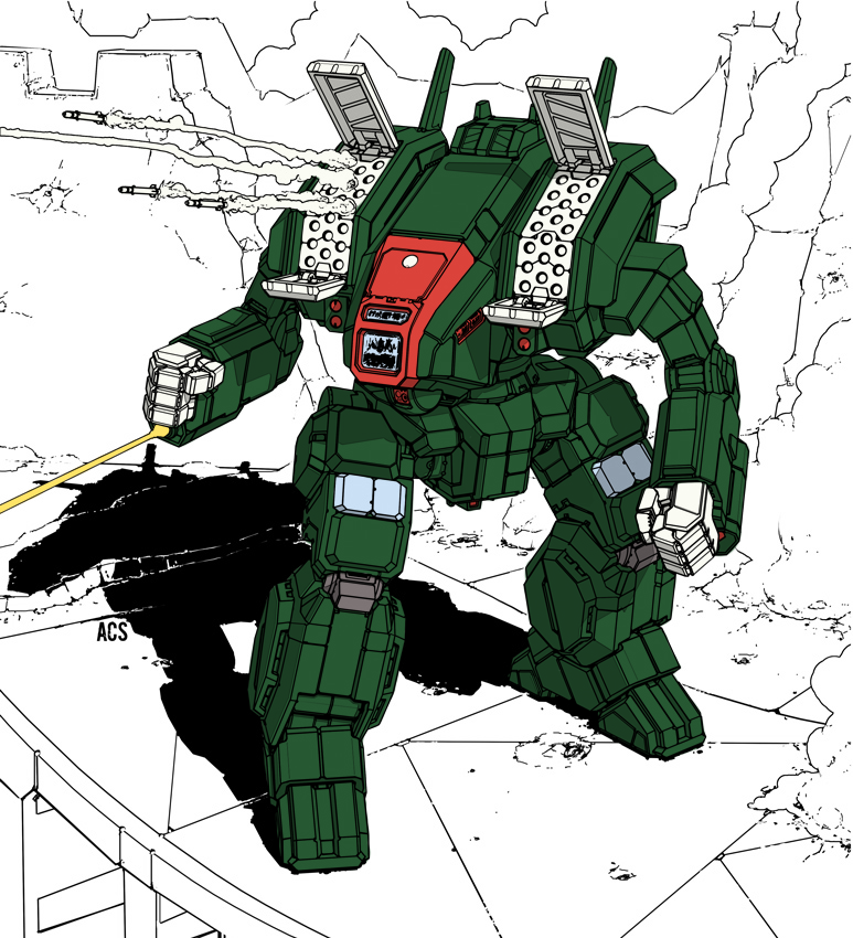 archer_(battletech) battle battletech choujikuu_yousai_macross clenched_hands commentary contrail damaged darkton-artemis destroid english_commentary firing looking_to_the_side macross mecha missile missile_pod no_humans open_hatch original redesign robot robotech science_fiction shadow smoke spartan_(destroid) u.n._spacy