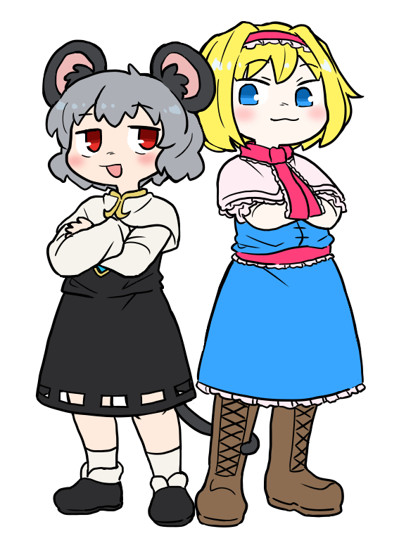 2girls alice_margatroid animal_ears black_footwear black_skirt black_vest blonde_hair blue_eyes blush boots brown_footwear bseibutsu capelet closed_mouth commentary_request cookie_(touhou) cross-laced_footwear crossed_arms frilled_hairband frilled_necktie frilled_sash frills full_body grey_hair hairband ichigo_(cookie) loafers long_sleeves looking_at_viewer mouse_ears mouse_girl mouse_tail multiple_girls nazrin neckerchief necktie nyon_(cookie) open_mouth pink_capelet pink_hairband pink_neckerchief pink_necktie pink_sash sash shirt shoes short_hair simple_background skirt smile socks tail touhou vest white_background white_shirt white_socks