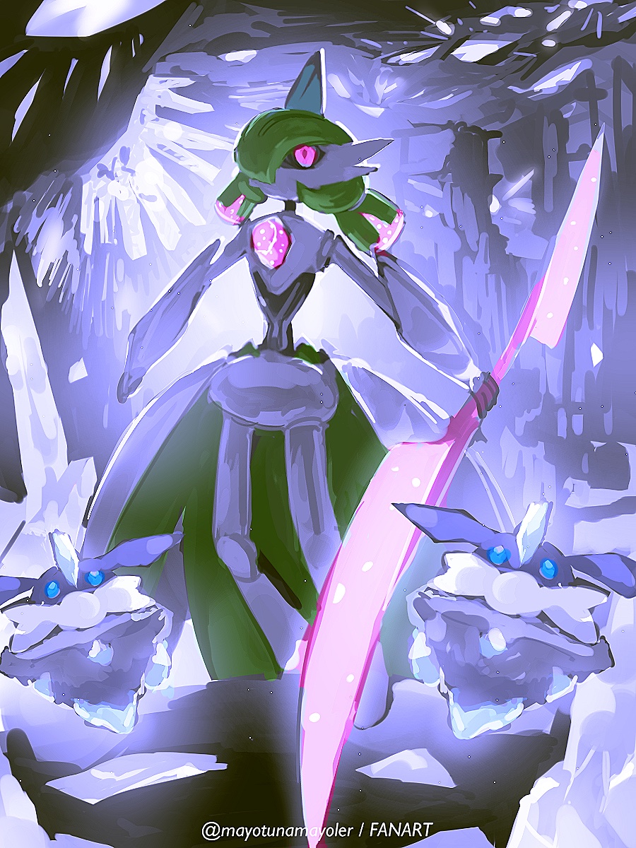 1other arm_blade artist_name carbink cave_interior colored_skin commentary double_blade gen_6_pokemon glowing glowing_eyes green_hair highres humanoid_robot iron_valiant joints low_twintails mayotsunamayo nintendo pink_eyes pokemon pokemon_(creature) robot robot_joints twintails twitter_username weapon white_skin
