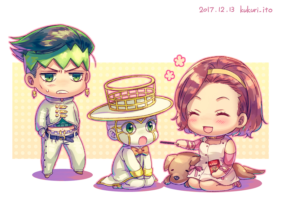 1girl 2boys arm_warmers arnold_(jojo) bad_id bad_pixiv_id blush brown_hair cheekbones choker dress dyresbroom earrings feeding food green_eyes green_hair hairband headband heaven&#039;s_door jewelry jojo_no_kimyou_na_bouken kishibe_rohan midriff_peek multiple_boys pink_dress pocky short_hair stand_(jojo) sugimoto_reimi sweatdrop undercut