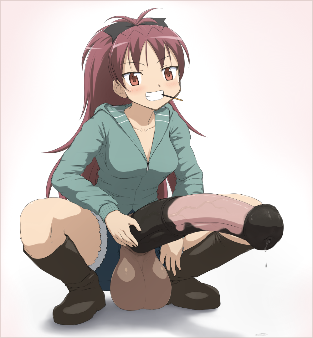 10s 1futa animal_penis blush boots bow breasts denim denim_shorts food full-package_futanari full_body futanari gradient_background grin hair_bow hood hoodie horse_penis huge_penis huge_testicles jadf knee_boots long_hair looking_at_viewer mahou_shoujo_madoka_magica penis pocky ponytail precum red_eyes red_hair sakura_kyoko shorts smile solo squatting testicles uncensored veins veiny_penis