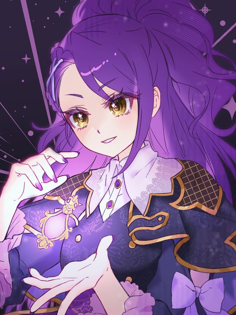 1girl bow capelet chuu0105 commentary_request floating floating_object glowing gold_trim korean_commentary long_hair long_sleeves magic nail_polish open_mouth ponytail pretty_series pripara purple_bow purple_capelet purple_hair purple_nails purple_shirt shirt smile solo toudou_shion upper_body white_shirt yellow_eyes