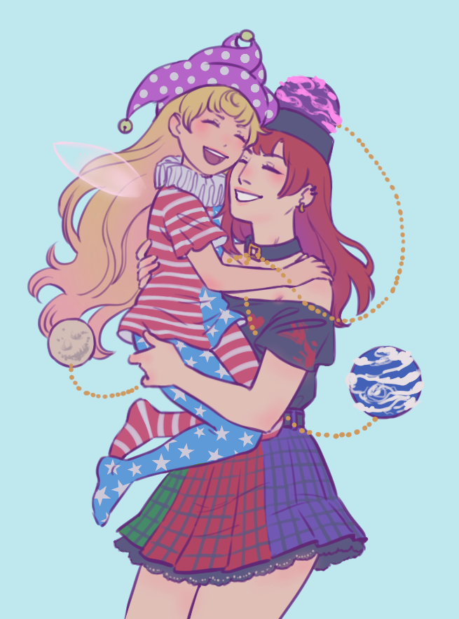 2girls ^_^ american_flag american_flag_dress american_flag_legwear american_flag_print arm_around_waist bare_shoulders bell belt black_hat blonde_hair blue_background carrying carrying_person child closed_eyes clownpiece cowboy_shot dress ear_piercing earrings earth_(ornament) fairy fairy_wings flag_print gold_earrings grin hand_on_another&#039;s_shoulder hand_on_another&#039;s_thigh happy hat heart heart_print hecatia_lapislazuli jester_cap jewelry jingle_bell lace lace-trimmed_skirt lace_trim long_hair miniskirt moon_(ornament) multicolored_dress multicolored_skirt multiple_girls neck_ruff no_shoes off-shoulder_shirt off_shoulder open_mouth oso_limon pantyhose piercing plaid_clothes plaid_skirt pleated_skirt polka_dot_headwear red_hair shirt shirt_tucked_in short_dress short_sleeves simple_background skirt smile spanish_commentary star_(symbol) star_print striped_clothes touhou underworld_(ornament) very_long_hair wavy_hair wings