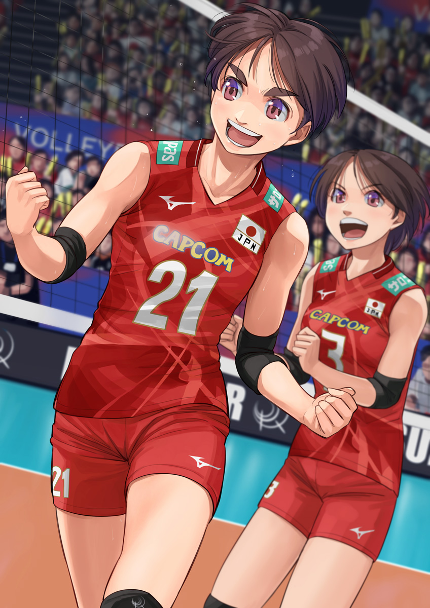 2girls brown_eyes brown_hair capcom clenched_hand clothes_writing company_name crowd elbow_sleeve highres indoors mizuno_(brand) multiple_girls original otsu_natsu playing_sports red_shirt red_shorts shirt shirt_writing short_hair shorts sleeveless sportswear standing thick_eyebrows volleyball volleyball_net volleyball_uniform