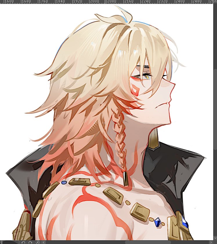 1boy arm_tattoo back_tattoo black_coat blonde_hair braid chinese_commentary coat commentary_request earrings facial_tattoo from_side gold_earrings gold_necklace gradient_hair hair_between_eyes honkai:_star_rail honkai_(series) jewelry looking_up male_focus medium_hair multicolored_hair mydei_(honkai:_star_rail) neck_tattoo necklace open_clothes open_coat profile red_hair red_tattoo side_braid simple_background solo suirandanshihao tattoo unfinished upper_body white_background yellow_eyes