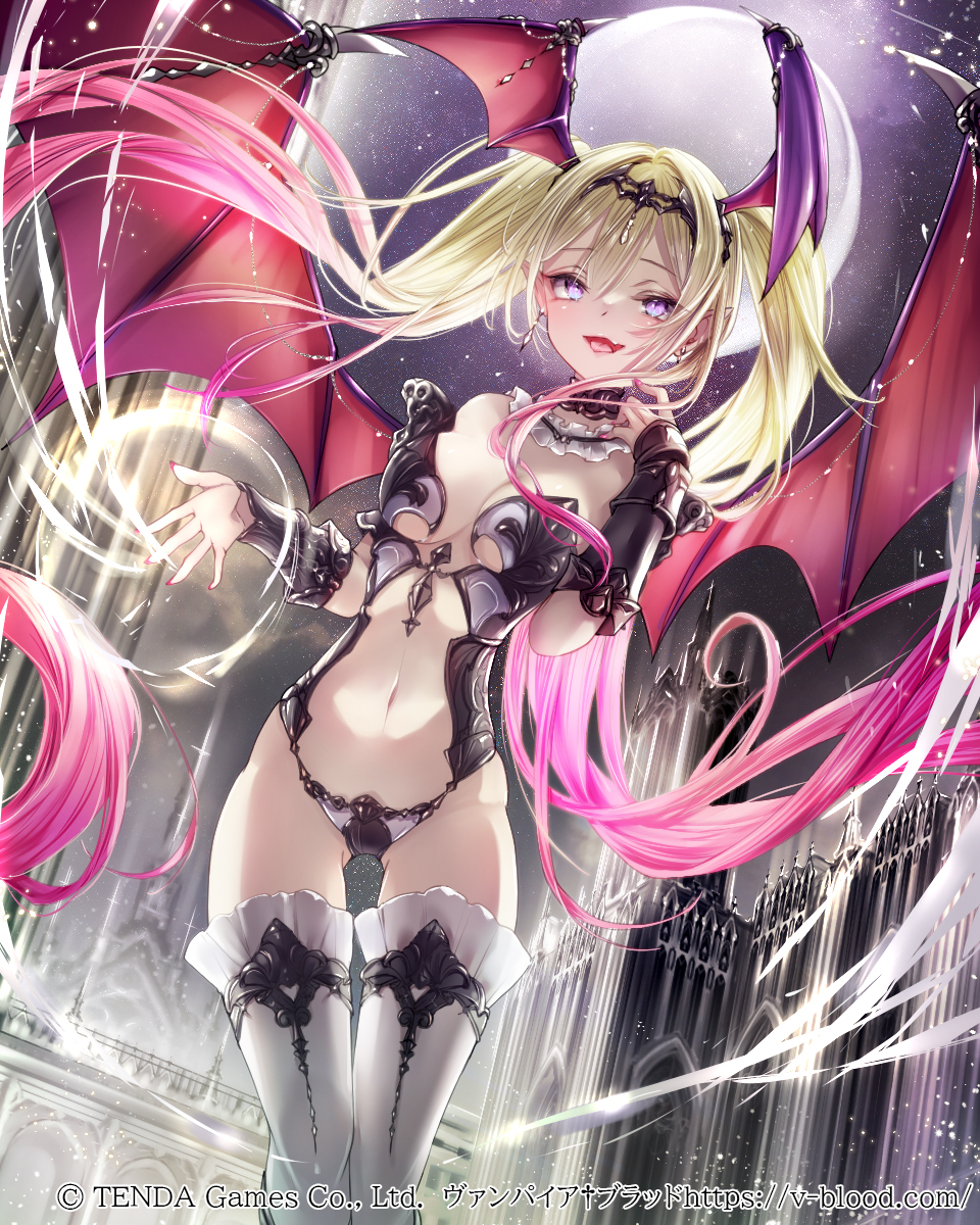 1girl armor black_choker black_pantyhose blonde_hair breasts cathedral choker cleavage commentary_request demon_wings earrings feet_out_of_frame full_moon gauntlets gradient_hair hane_segawa head_wings highres jewelry large_breasts long_hair looking_at_viewer moon multicolored_hair nail_polish navel night official_art open_mouth outdoors pantyhose pink_hair pink_nails purple_eyes revealing_clothes skinny sky smile solo star_(sky) starry_sky stomach succubus_(vampire_blood) thighhighs tongue tongue_out twintails vampire_blood very_long_hair white_thighhighs wings