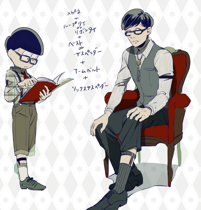 10s 2boys 720_72 argyle_background argyle_clothes bespectacled black_hair bolo_tie chair dual_persona glasses legwear_garter male_focus matsuno_choromatsu multiple_boys multiple_persona osomatsu-kun osomatsu-san osomatsu_(series) reading red_upholstery sitting sleeve_garter swept_bangs text_focus translation_request vest waistcoat