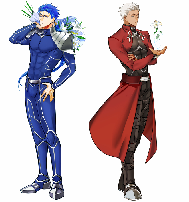 2boys archer_(fate) black_bodysuit blue_bodysuit bodysuit closed_mouth commentary covered_pectorals crimo cu_chulainn_(fate) cu_chulainn_(fate/stay_night) earrings fate/stay_night fate_(series) floating_flowers full_body jewelry male_focus multiple_boys object_floating_above_hand one_eye_closed over_shoulder pectorals red_shirt shirt short_hair standing white_hair white_lily