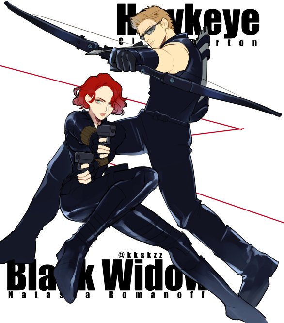 1boy 1girl aiming aiming_at_viewer arrow_(projectile) avengers_(series) black_gloves black_widow blonde_hair bodysuit bow_(weapon) character_name clint_barton fingerless_gloves gloves gun hawkeye_(marvel) holding holding_arrow holding_bow_(weapon) holding_gun holding_weapon looking_at_viewer marvel marvel_cinematic_universe meiji_(pecosyr5) natasha_romanoff red_hair short_hair sleeveless sunglasses twitter_username weapon white_background