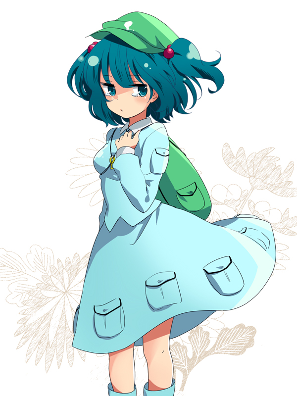 1girl backpack bad_id bad_pixiv_id bag blue_eyes blue_hair female_focus flower hair_bobbles hair_ornament hat ica kawashiro_nitori key long_sleeves looking_at_viewer matching_hair/eyes pocket shirt skirt skirt_set solo tears touhou twintails two_side_up wind wind_lift
