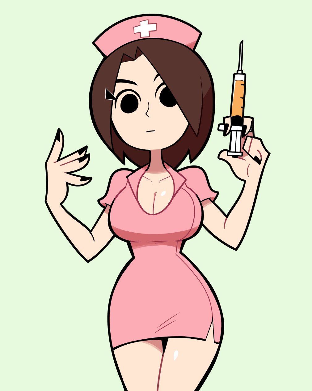 1girl asymmetrical_bangs black_nails breasts brown_hair cleavage cowboy_shot curvy dress expressionless fingernails hands_up hat highres holding holding_syringe large_breasts looking_at_viewer mii_(nintendo) nail_polish nintendo no_sclera nurse nurse_cap original pink_dress scott_falco short_dress short_hair short_sleeves side_slit solid_circle_pupils solo syringe w_arms