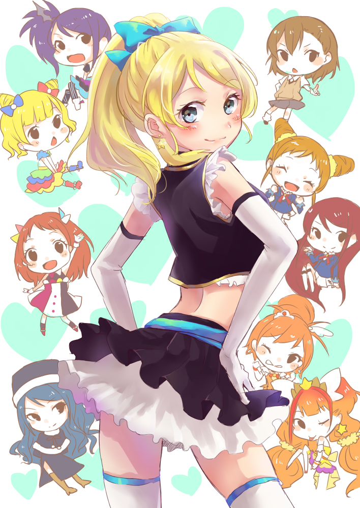 &gt;:) 10s 6+girls :d aikatsu! aikatsu!_(series) amanogawa_kirara arisugawa_otome ayase_eli bare_shoulders blonde_hair blue_eyes chestnut_mouth chibi chiigo cone_hair_bun crossover cure_sunny cure_twinkle elbow_gloves fairy_tail from_behind gloves go!_princess_precure hair_bun harumi_kajika harumi_shinju hino_akane_(smile_precure!) idol juvia_lockser looking_back love_live! love_live!_school_idol_project midriff minami_mirei misaka_mikoto multiple_crossover multiple_girls no_brand_girls open_mouth ponytail precure pretty_series pripara school_uniform shibuki_ran simple_background skirt smile smile_precure! sweater_vest toaru_majutsu_no_index tokyo_7th_sisters toudou_shion v-shaped_eyebrows