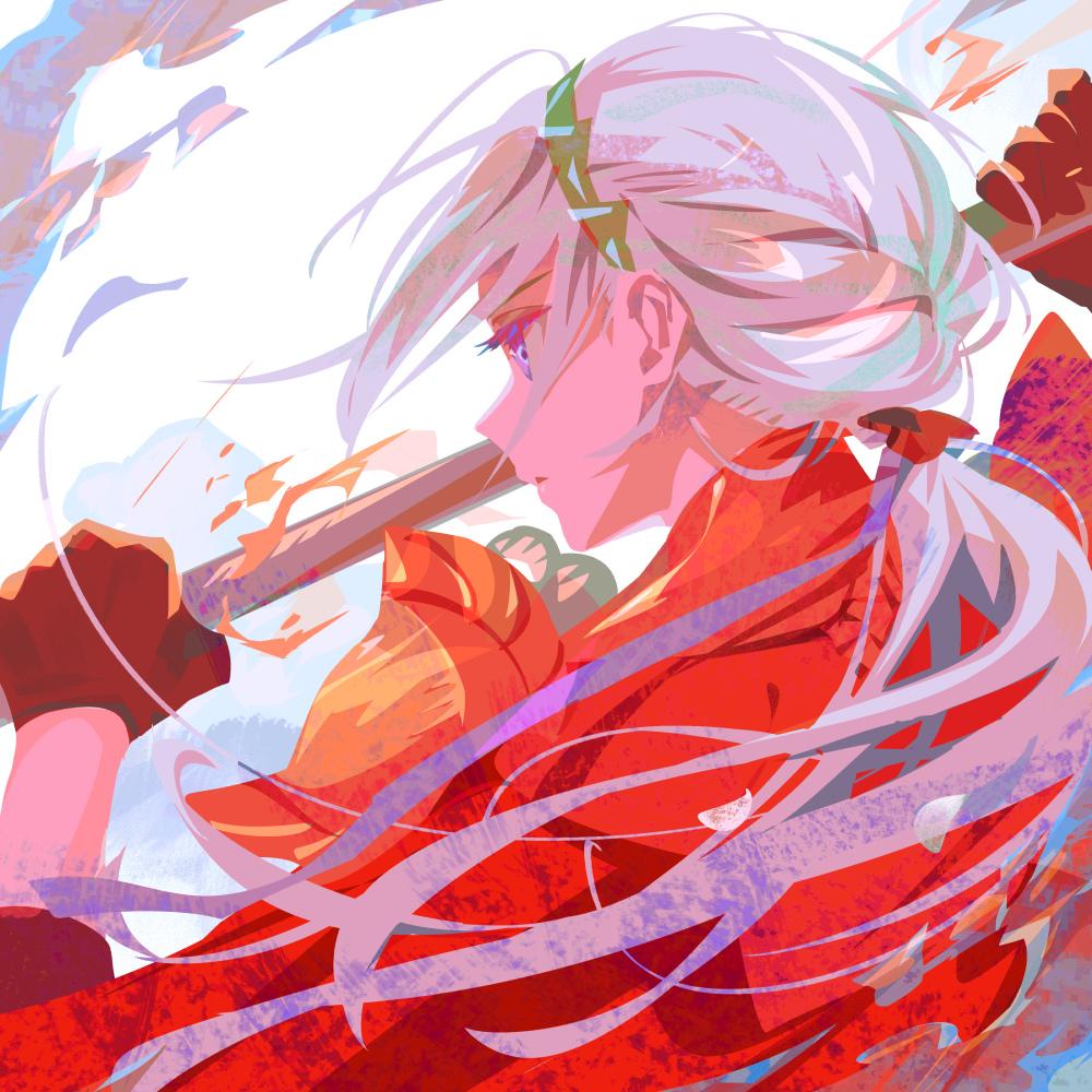 1girl back brown_gloves capelet dust_cloud edelgard_von_hresvelg fire fire_emblem fire_emblem:_three_houses fire_emblem_warriors:_three_hopes from_behind from_side gloves hair_flowing_over hair_ribbon hands_up headpiece holding holding_weapon logi_bunbukucha looking_to_the_side low_ponytail nintendo official_alternate_costume official_alternate_hairstyle outdoors parted_lips ponytail purple_eyes purple_ribbon red_capelet ribbon solo standing weapon white_background white_hair