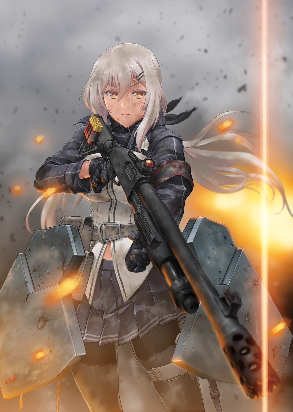 12-gauge 1girl ammunition armband armor black_gloves black_pantyhose clothing_cutout damaged dark-skinned_female dark_skin dirty dirty_clothes dirty_face embers female_focus girls&#039;_frontline gloves gun hair_ornament hairclip henshako highres holding holding_weapon lens_flare long_hair m590_(girls&#039;_frontline) mossberg_590 navel_cutout pantyhose pleated_skirt pouch pump_action revolver_speedloader shield_module shotgun shotgun_shell shotgun_speedloader sight silver_hair skirt solo soot sweat tan thigh_strap trigger_discipline vertical_forward_grip weapon yellow_eyes