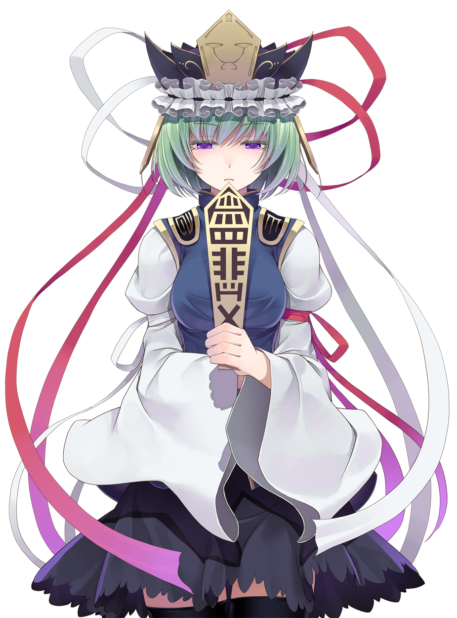 1girl armband black_thighhighs breasts crote female_focus frills garter_belt green_hair hat highres holding long_sleeves pink_eyes ribbon rod_of_remorse shiki_eiki shirt short_hair skirt solo thighhighs touhou transparent_background wide_sleeves