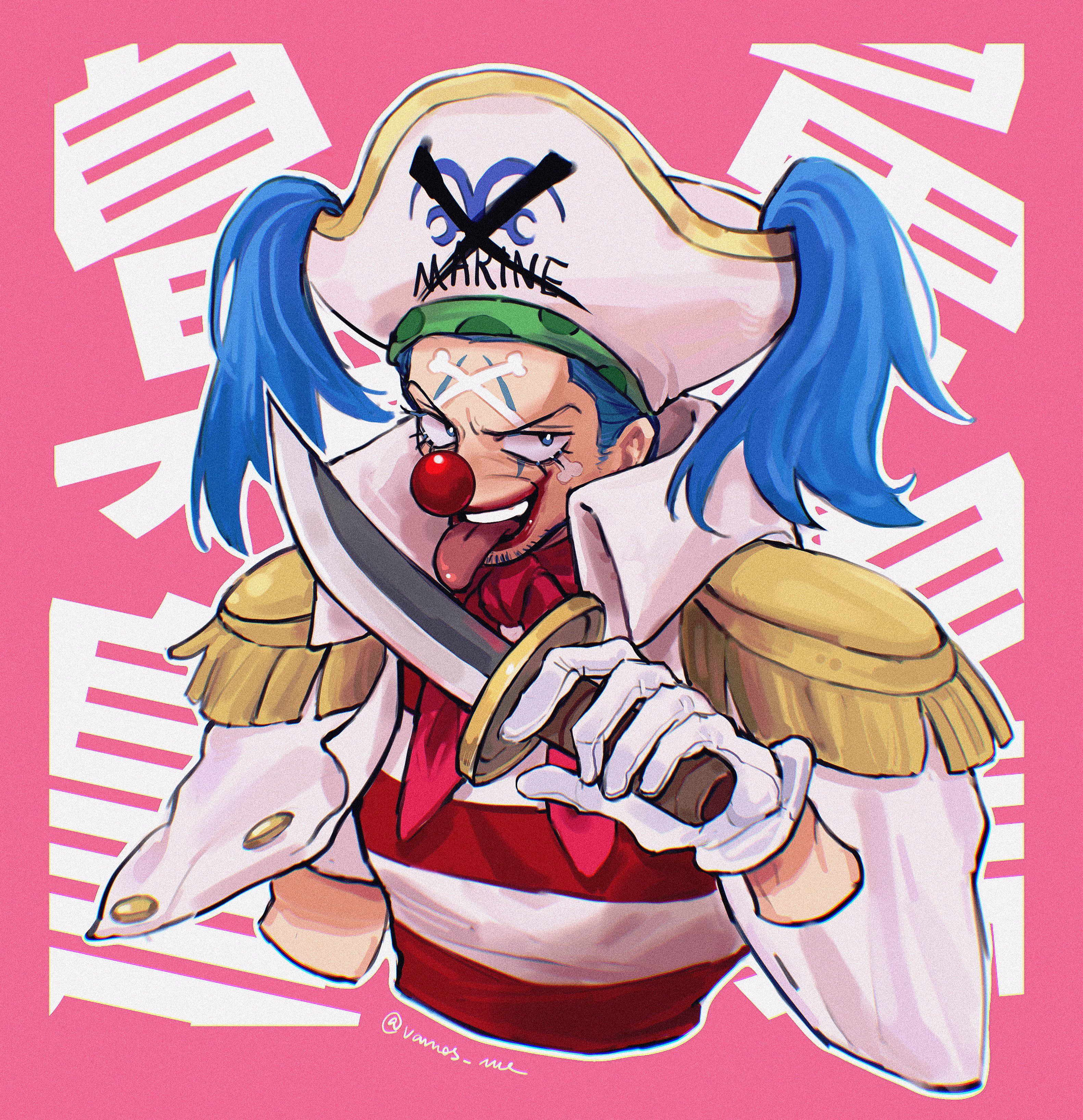 1boy absurdres blue_hair buggy_the_clown clown_nose cropped_torso dagger epaulettes facepaint facial_hair gloves goatee hat highres holding holding_dagger holding_knife holding_weapon knife long_hair looking_at_viewer male_focus pink_background shirt sideburns signature solo striped_clothes striped_shirt tongue tongue_out twintails vamos_mk weapon white_gloves white_hat