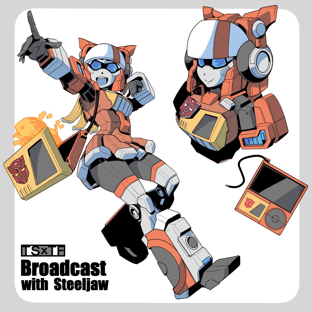 1girl :d autobot bag blaster_(transformers) blue_eyes cd_player genderswap genderswap_(mtf) hologram humanoid_robot index_finger_raised kamizono_(spookyhouse) lion mecha_musume open_mouth robot skirt smile speaker steeljaw_(transformers) transformers wire