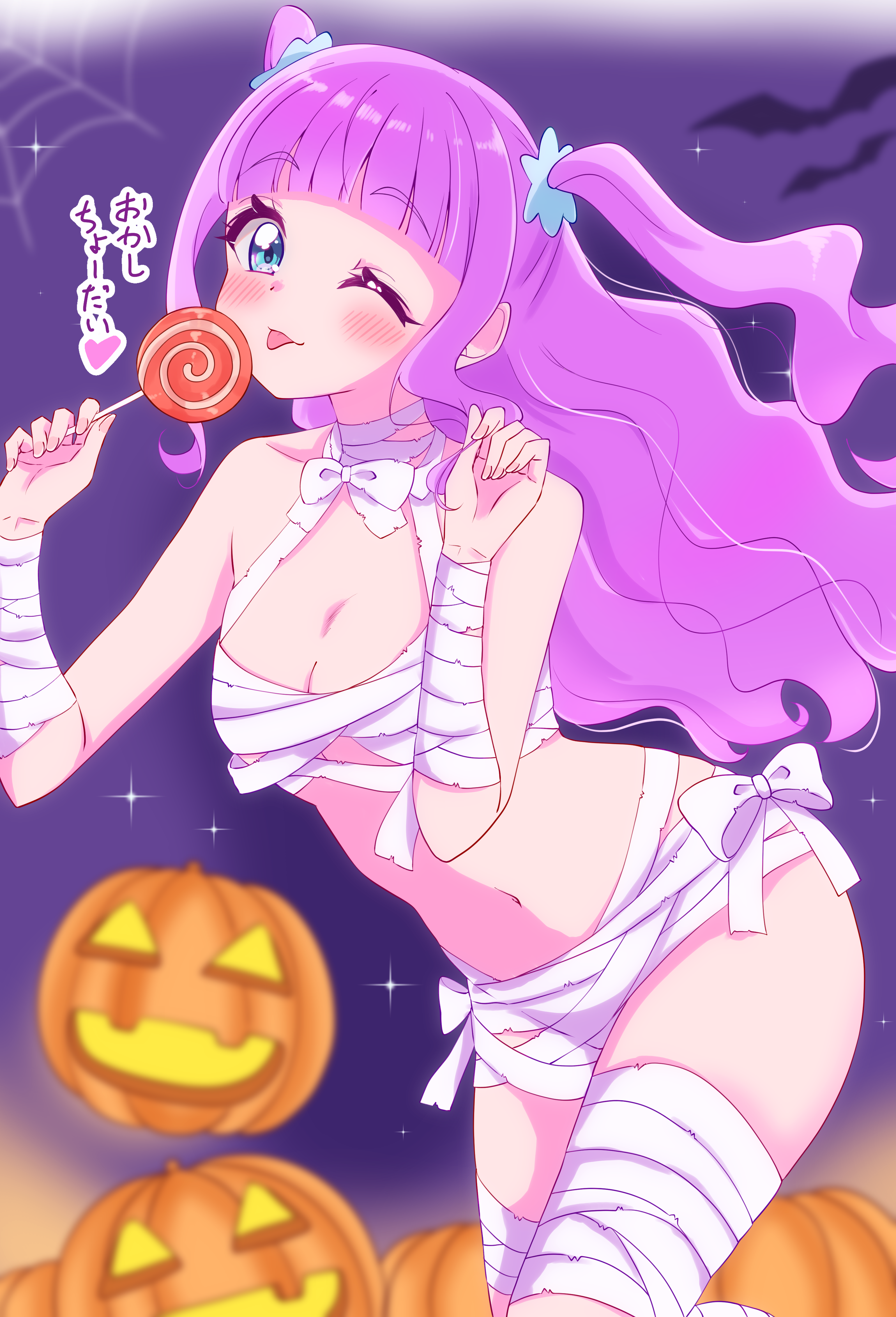 1girl absurdres bandages bat_(animal) blue_eyes blue_scrunchie blush breasts candy cleavage ellee-chan food halloween halloween_costume highres hirogaru_sky!_precure holding holding_food jack-o'-lantern lollipop long_hair medium_breasts mummy_costume naked_bandage night night_sky one_eye_closed precure purple_hair scrunchie sky smile solo sugimura_mickey tongue tongue_out two_side_up