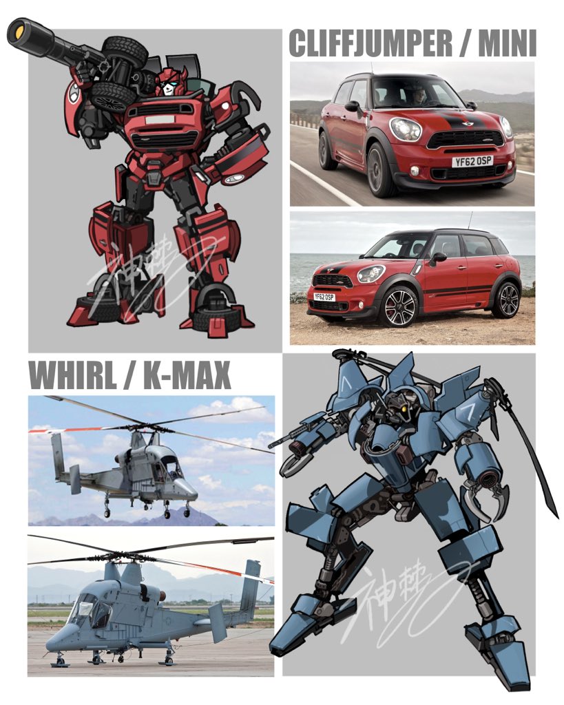 aircraft autobot blue_eyes car character_name claws cliffjumper gun hand_on_own_hip helicopter holding holding_gun holding_weapon horns kamitoge_supino looking_to_the_side mecha mini_cooper mini_cooper_countryman motor_vehicle no_humans one-eyed photo_inset redesign reference_inset robot transformers weapon whirl_(transformers) yellow_eyes