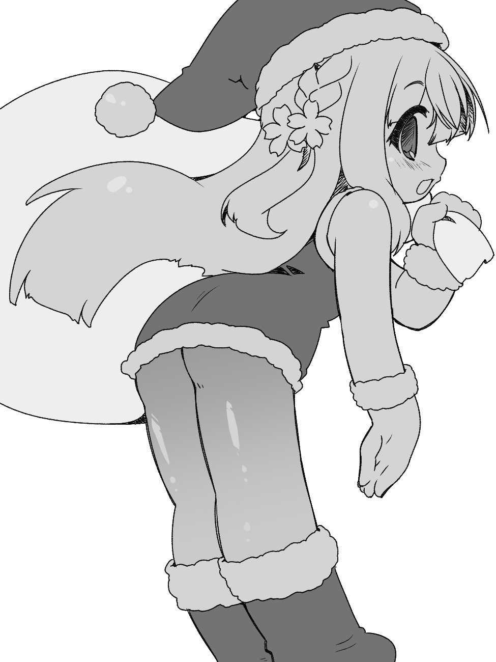 1girl alternate_costume ass blush boots braid carrying_over_shoulder cherry_blossoms commentary_request dress flower from_behind fur-trimmed_boots fur-trimmed_dress fur-trimmed_gloves fur-trimmed_headwear fur_trim gloves hair_flower hair_ornament hat highres holding holding_sack kasukeomote kazahana_yuki knee_boots legs_together long_hair looking_at_viewer looking_back onikko_hunter_tsuina-chan open_mouth pantyhose profile sack santa_costume santa_dress santa_hat side_braid smile solo standing