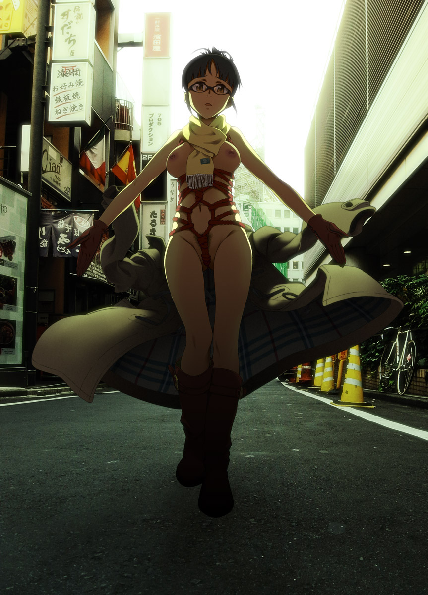 1girl akizuki_ritsuko antenna_hair bdsm between_breasts bicycle bondage boots bound breasts brown_eyes brown_hair building coat crotch_rope day exhibitionism facing_viewer female_focus female_pubic_hair full_body glasses gloves highres idolmaster idolmaster_(classic) jacket looking_at_viewer medium_breasts mixed_media navel nipples nude open_clothes open_jacket open_mouth outdoors outstretched_arms photo_(medium) photo_background plant potted_plant pubic_hair pubic_hair_peek public_indecency pussy red_rope road rope scarf shibari short_hair solo spanish_flag spread_arms standing street takemura_sessyu thigh_gap traffic_cone undressing winter_clothes