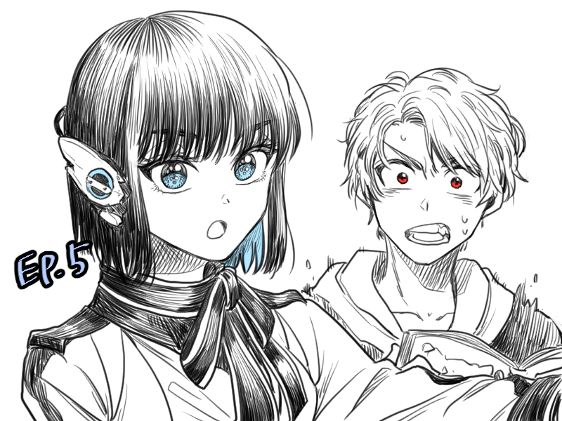 1boy 1girl blunt_bangs book eyebrows_hidden_by_hair hiden_aruto holding holding_book hood hoodie humagear_headphones is_(kamen_rider_01) jacket kamen_rider kamen_rider_01_(series) kudou_makoto looking_at_viewer open_mouth red_eyes scarf short_hair surprised sweatdrop tokusatsu v-shaped_eyebrows