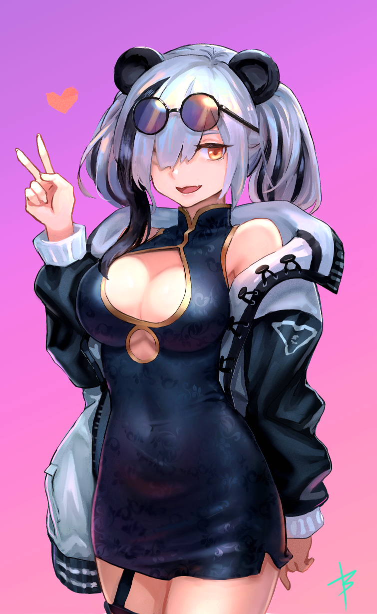1girl :d animal_ears arknights arm_at_side breasts bryanth china_dress chinese_clothes cleavage cleavage_cutout clothing_cutout commentary_request cowboy_shot dress eyewear_on_head fake_animal_ears fang feater_(arknights) grey_hair hair_over_one_eye hand_up heart highres jacket large_breasts long_sleeves looking_at_viewer multicolored_hair open_mouth panda_ears panda_girl pink_background signature simple_background single_bare_shoulder skin_fang sleeveless sleeveless_dress smile solo streaked_hair sunglasses twintails v yellow_eyes
