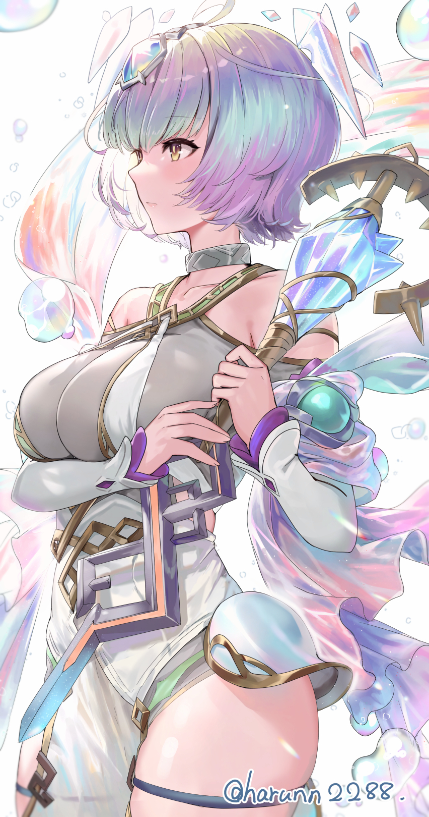 1girl ahoge breasts brown_eyes bubble closed_mouth collarbone dress fire_emblem fire_emblem_heroes gradient_hair grey_hair hair_ornament haru_(nakajou-28) highres holding holding_staff jewelry large_breasts multicolored_hair nintendo off_shoulder purple_hair seidr_(fire_emblem) short_hair simple_background solo staff twitter_username white_background white_dress