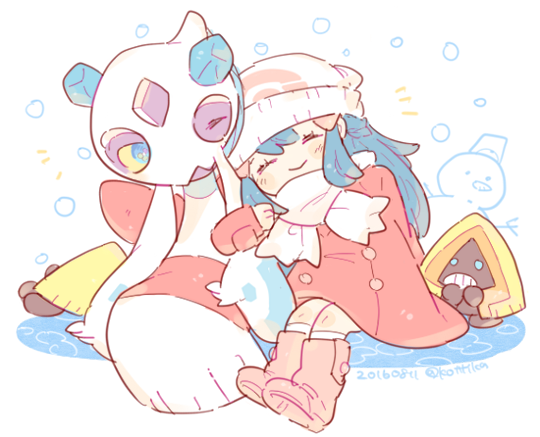 1girl 2016 ^_^ beanie blue_hair boots closed_eyes coat creatures_(company) dark_blue_hair dated dawn_(pokemon) froslass game_freak gen_3_pokemon gen_4_pokemon hair_ornament hat katiko knee_boots kneehighs long_hair long_sleeves nintendo no_nose pink_boots pokemon pokemon_(creature) pokemon_dppt pokemon_platinum red_coat scarf sitting smile snorunt snow snowing snowman socks twitter_username white_headwear white_scarf white_socks