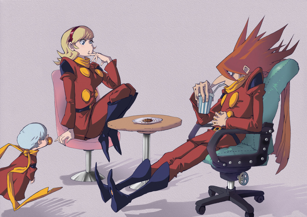 1girl 2boys baby black_boots blonde_hair blue_eyes boots coat cup cyborg_009 finger_to_own_chin francoise_arnoul hair_between_eyes hairband horikoshi_kouhei ivan_whisky jet_link long_hair multiple_boys orange_hair red_coat red_hairband scarf sitting yellow_scarf