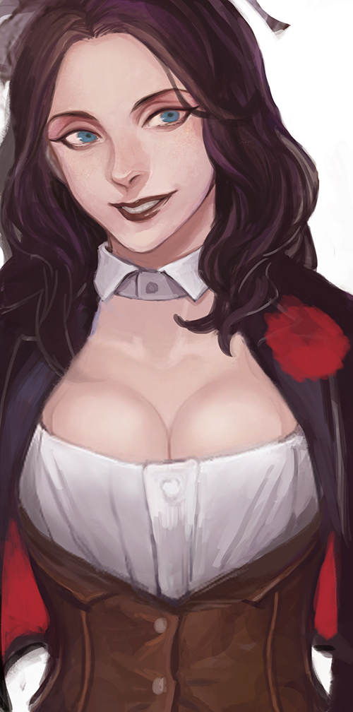 1girl black_lips blue_eyes breasts cleavage corset dc_comics detached_collar eyeliner female_focus jacket justice_league large_breasts lipstick makeup purple_hair smile solo tatsuko_(chenzi) upper_body zatanna_zatara
