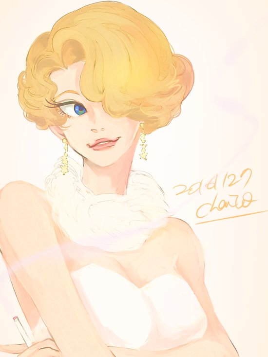 1girl chai_5 daisy_duck disney dress earrings hair_over_one_eye humanization jewelry lips lipstick long_eyelashes looking_at_viewer makeup mickey_mouse_&amp;_friends open_mouth short_hair signature smile solo upper_body
