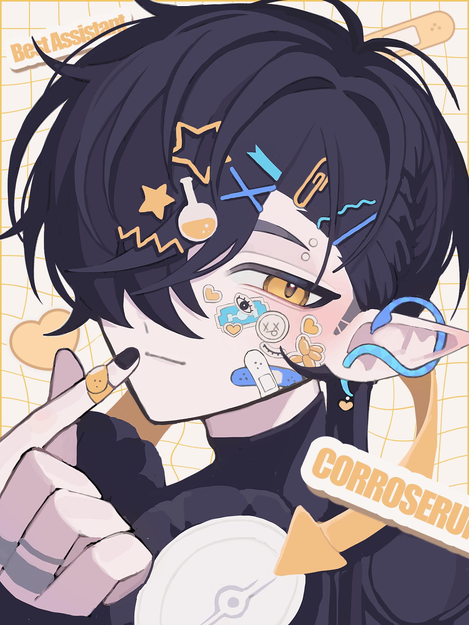 1boy arknights arrow_(symbol) bandaged_fingers bandages bandaid bandaid_on_cheek bandaid_on_face black_hair black_nails black_shirt character_name commentary corroserum_(arknights) english_text finger_heart flask_hair_ornament hair_ornament hair_over_one_eye hairclip highres light_smile looking_at_viewer male_focus nail_polish nomochi_(cab8d9) paperclip_hair_ornament pointy_ears shirt short_hair smile solo star_(symbol) star_hair_ornament sticker sticker_on_face symbol-only_commentary upper_body x_hair_ornament yellow_eyes