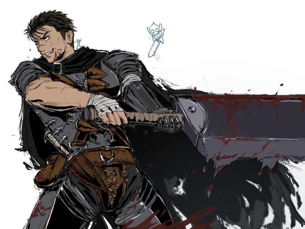 armor bandaged_hand bandages bandolier belt berserk black_cloak black_hair blood blood_on_clothes bloody_weapon cloak dragonslayer_(sword) fairy flying grin guts_(berserk) holding holding_sword holding_weapon lechephran parted_lips prosthesis prosthetic_arm puck_(berserk) short_hair shoulder_armor signature simple_background smile spiked_hair sword teeth torn_cloak torn_clothes upper_body weapon white_background