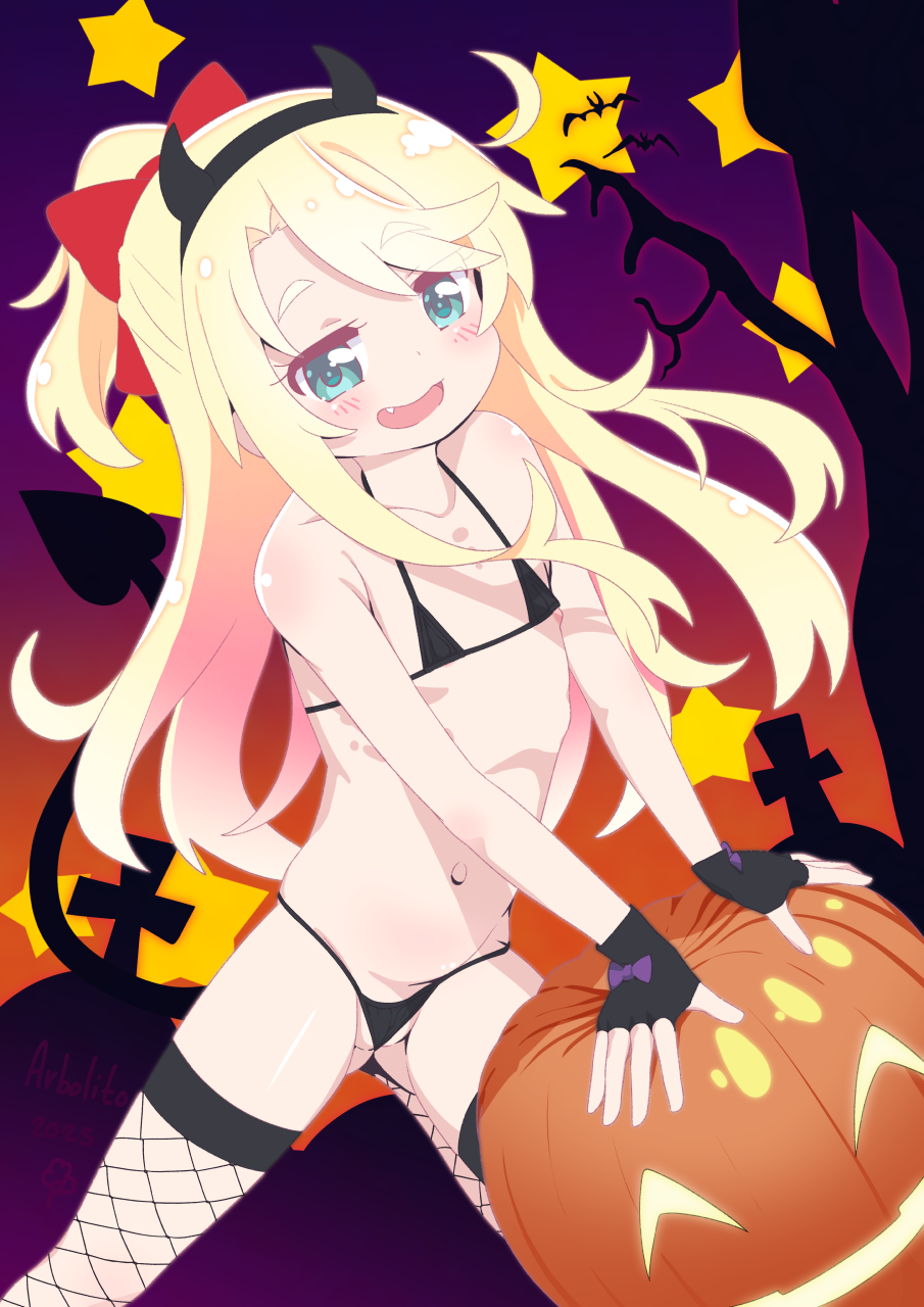1girl arbolito artist_name bikini black_bikini black_gloves blonde_hair bow demon_horns demon_tail fake_horns fang fingerless_gloves fishnet_thighhighs fishnets flat_chest gloves green_eyes hair_bow hairband halloween highres himesaka_noa horn_hairband horns jack-o&#039;-lantern loli long_hair looking_at_viewer navel nipple_slip nipples open_mouth red_bow solo swimsuit tail thighhighs watashi_ni_tenshi_ga_maiorita!