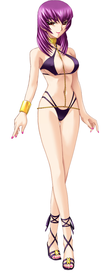 1girl bikini bou_(inubou) breasts cleavage closed_mouth collarbone criss-cross_halter full_body gluteal_fold half-closed_eyes halterneck high_heels highleg highleg_bikini kouzuki_yuuko long_hair multi-strapped_bikini muv-luv nail_polish official_art pink_nails purple_bikini purple_hair red_eyes red_lips smile solo standing straight_hair swimsuit tachi-e thigh_gap toenail_polish toenails transparent_background underboob