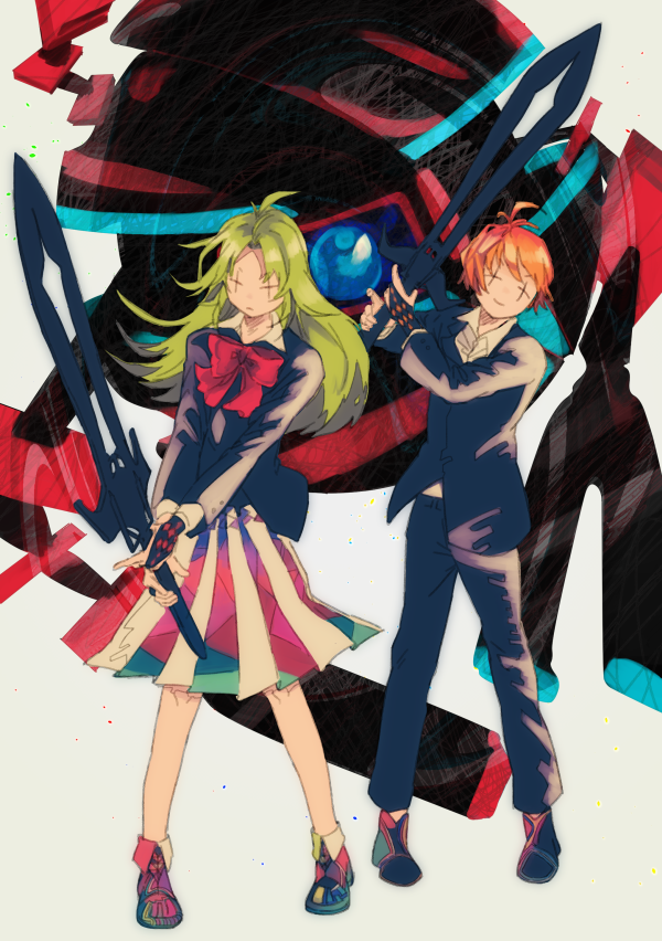 +_+ 1boy 1girl abstract_background antenna_hair black_bridal_gauntlets black_pants black_shirt bow bowtie bridal_gauntlets closed_mouth collared_shirt commentary_request fingernails fold-over_boots full_body green_hair hokugen holding holding_sword holding_weapon long_hair long_sleeves orange_hair pants pink_hair pink_skirt pleated_skirt red_bow red_bowtie shirt skirt smile standing sword tone_sphere trin_(tone_sphere) weapon weirs white_background white_shirt