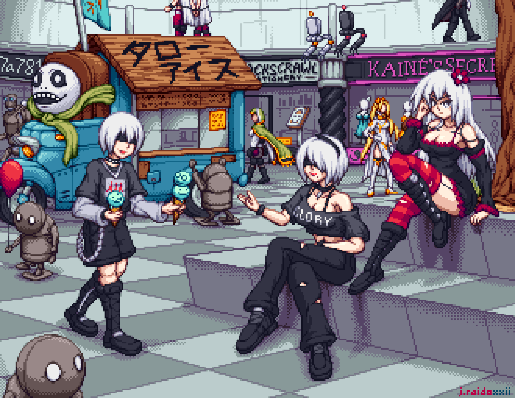 2b_(nier:automata) 9s_(nier:automata) artist_name balloon black_blindfold black_boots black_shirt blindfold blonde_hair boots breasts choker cleavage covered_eyes dress emil_(nier) food hairband highres ice_cream ice_cream_cone j.raido large_breasts long_hair machine_(nier) mole mole_under_mouth multiple_boys multiple_girls pants pixel_art pod_(nier:automata) robot shirt short_hair sitting thighhighs torn_clothes white_hair