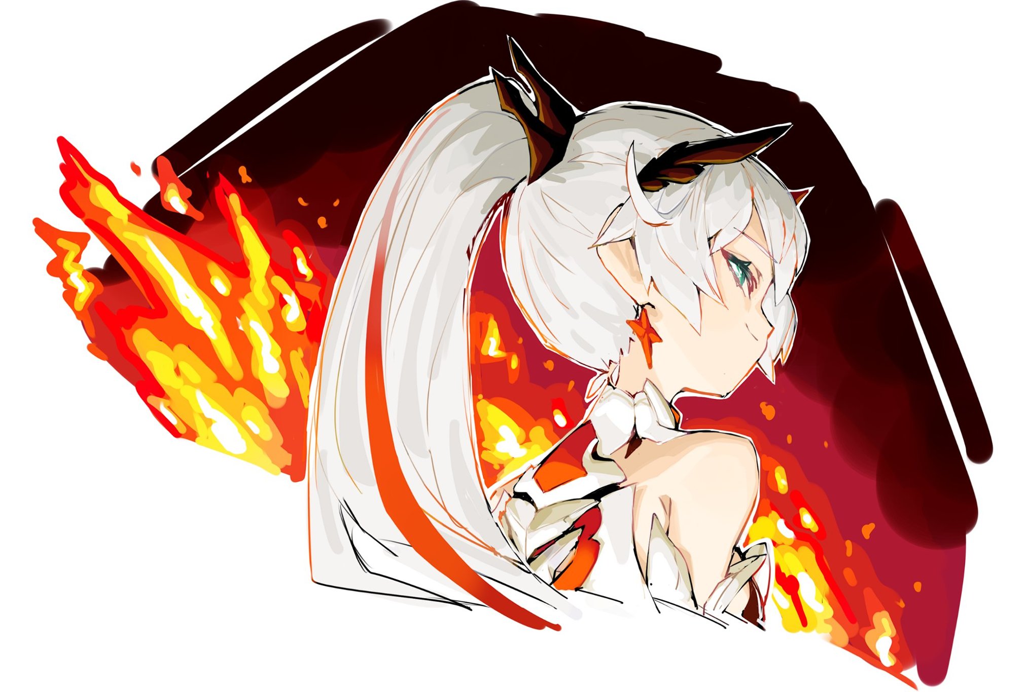 1girl armor bare_shoulders blue_eyes earrings fire from_behind hair_between_eyes hair_ornament highres honkai_(series) honkai_impact_3rd jewelry kiana_kaslana kiana_kaslana_(herrscher_of_flamescion) multicolored_hair scarlet23i0 sidelocks smile streaked_hair upper_body white_background white_hair