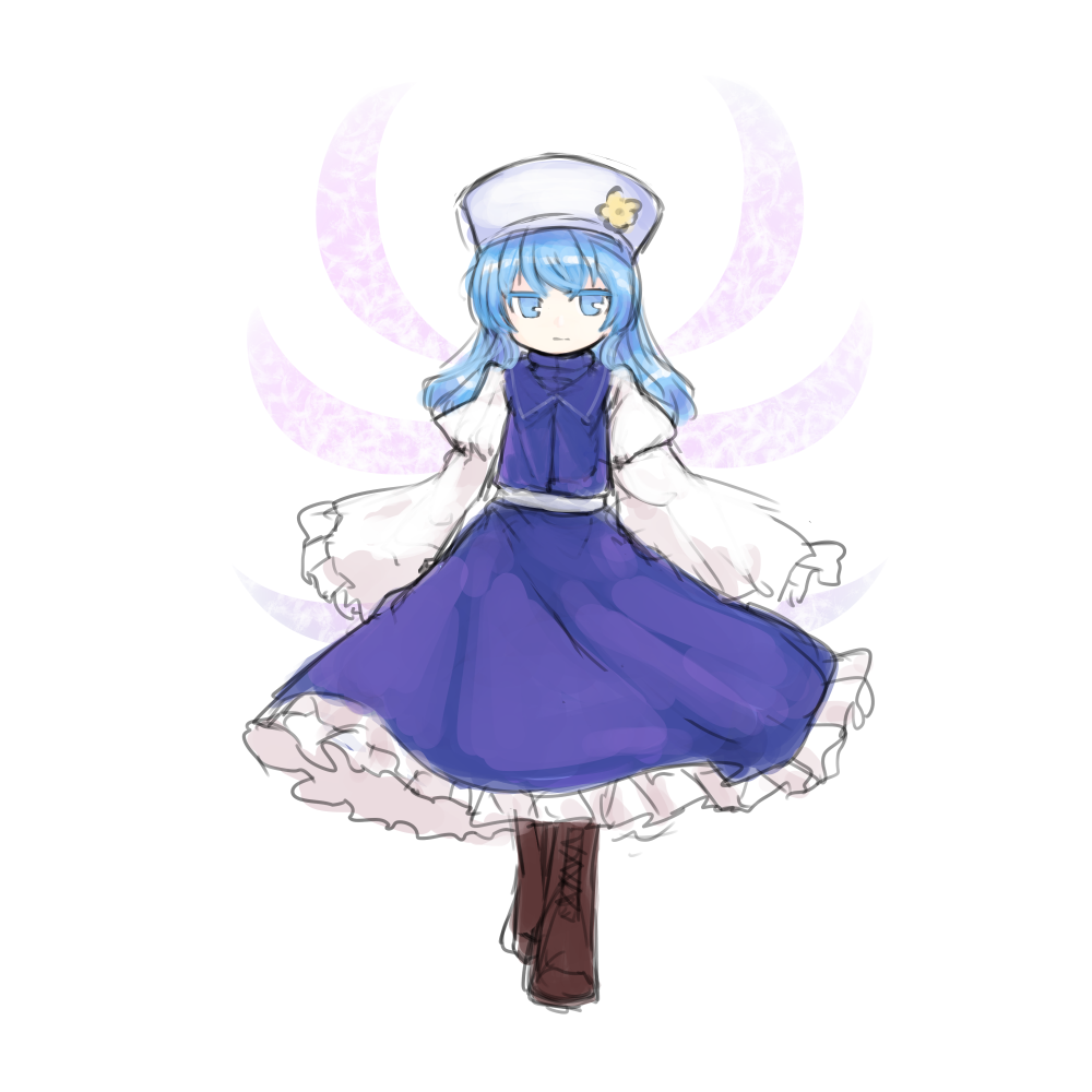 1girl anmita_(rarutos) blue_eyes blue_hair blue_skirt blue_vest boots brown_boots closed_mouth expressionless flat_chest frilled_skirt frills full_body hat infinite_blade_pavilion juliet_sleeves long_hair long_sleeves looking_at_viewer original puffy_sleeves shirt sketch skirt sleeves_past_fingers sleeves_past_wrists solo touhou vest white_hat white_shirt wings