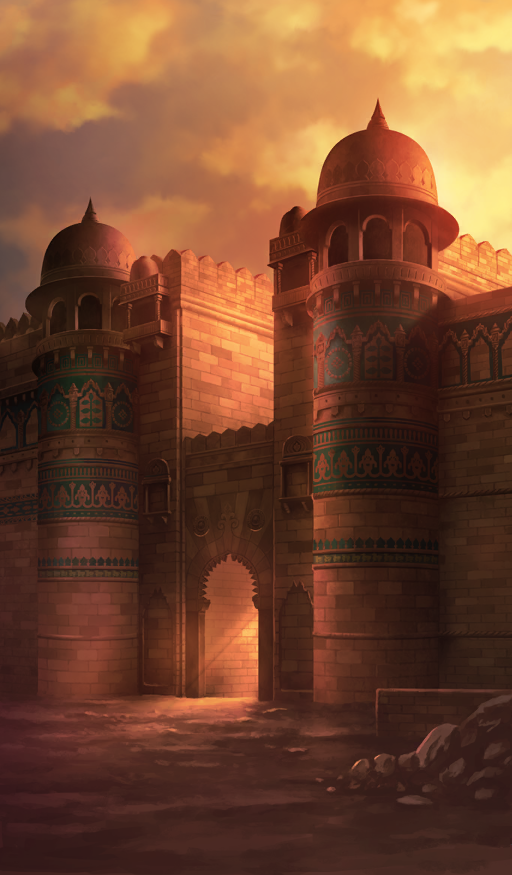 architecture brick_wall brown_theme commentary dome fate/grand_order fate_(series) lasengle light_rays no_humans official_art outdoors overcast rubble sky still_life third-party_source