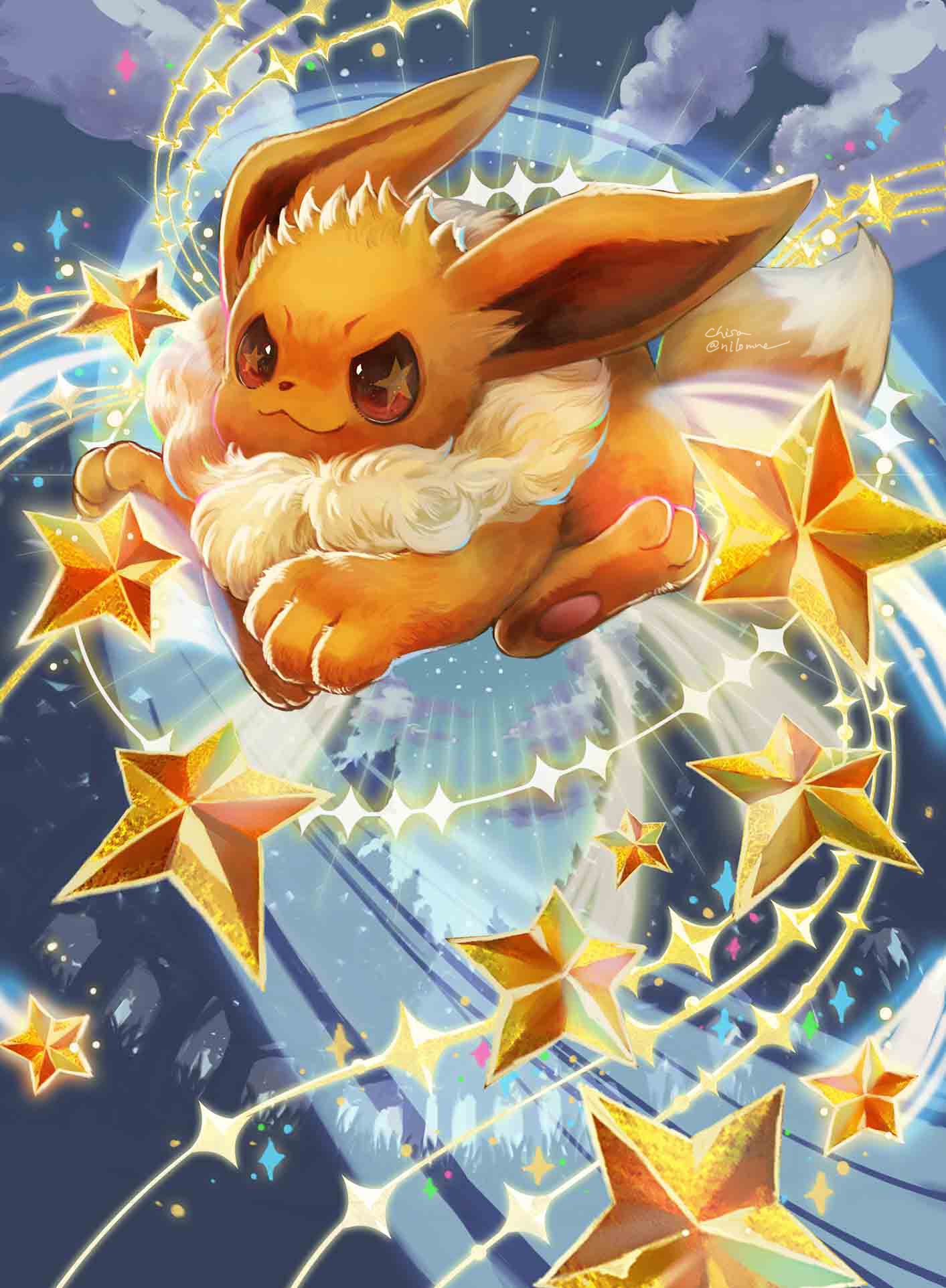 :3 brown_eyes closed_mouth commentary_request eevee full_body gen_1_pokemon highres momomo12 nintendo no_humans pokemon signature smile solo sparkle star_(symbol) star_in_eye symbol_in_eye