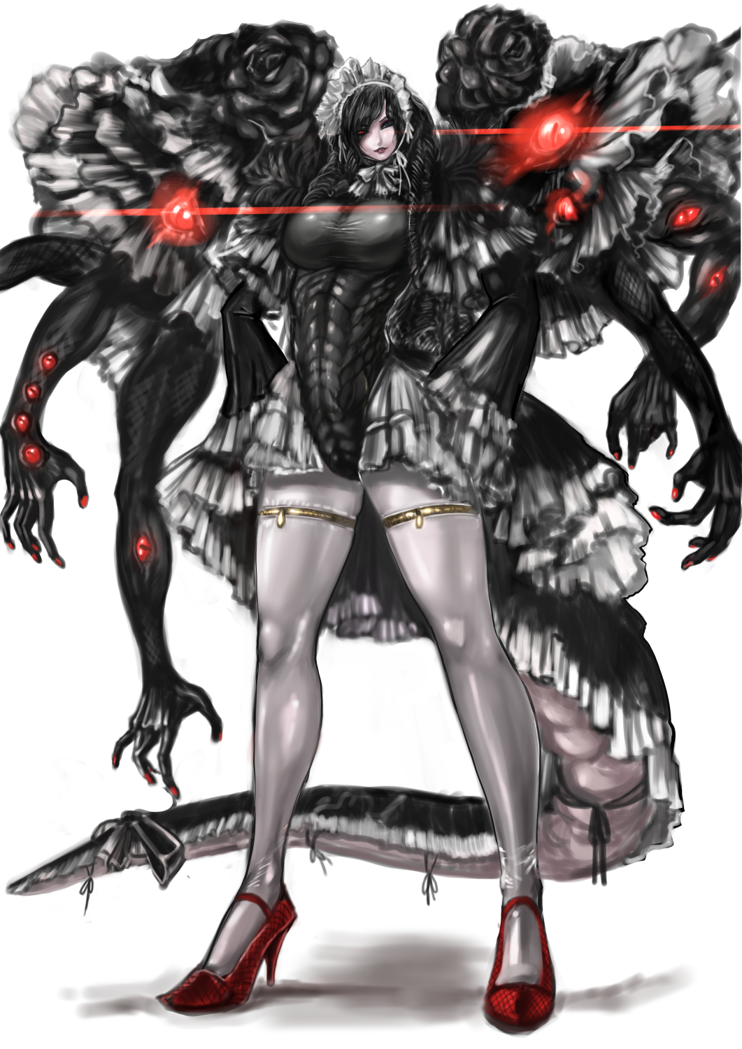 1girl basilisk black_hair black_leotard breasts dress extra_arms extra_eyes frilled_dress frilled_hairband frilled_leotard frilled_ribbon frilled_skirt frilled_sleeves frills glowing glowing_eyes hair_over_one_eye hairband hands_on_own_hips high_heels highres large_breasts leotard long_hair long_sleeves looking_at_viewer monster_girl naglfar naglfar_sakura original pale_skin red_eyes red_footwear red_lips red_nails ribbon simple_background skirt tail tail_ornament tail_ribbon thighhighs tight_clothes too_many too_many_frills wavy_hair white_thighhighs zipper